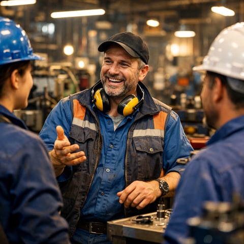 Factory Worker Discussing with Colleagues in Bright Industrial Setting-1