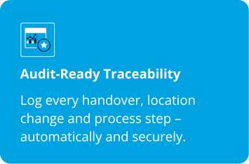 Audit-Ready Traceability  Log every handover, location change and process step - automatically and securely.
