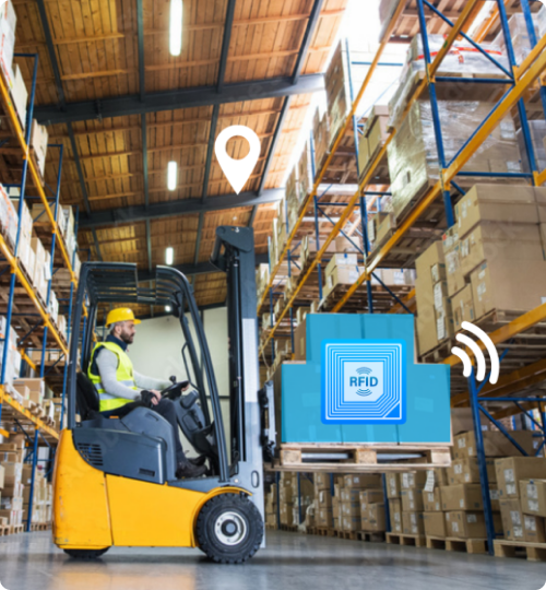 Forklift location being tracked while RFID-enabled pallet communicates with smart warehouse shelves.