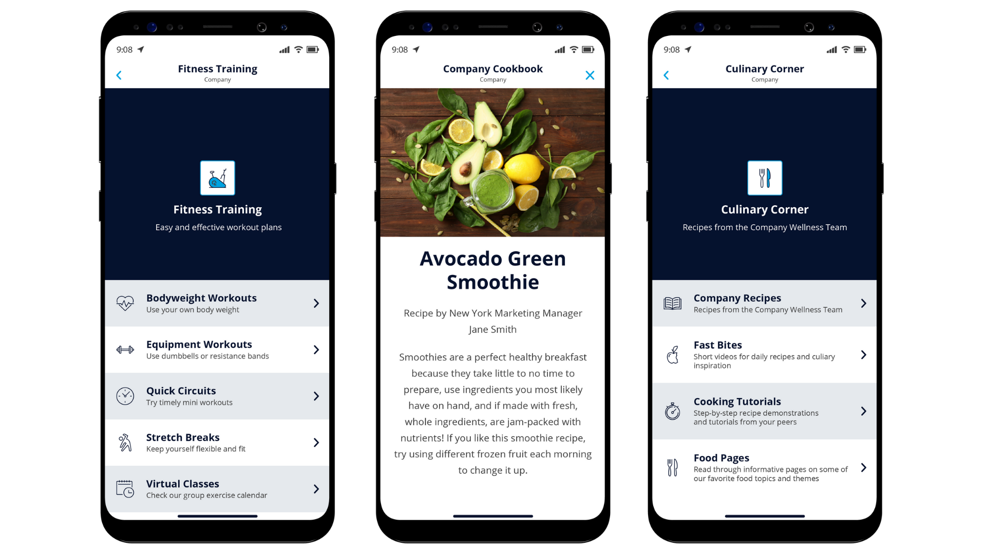Screens from an employee mobile app showcase a variety of health & wellness features like recipes, and fitness regimens. 