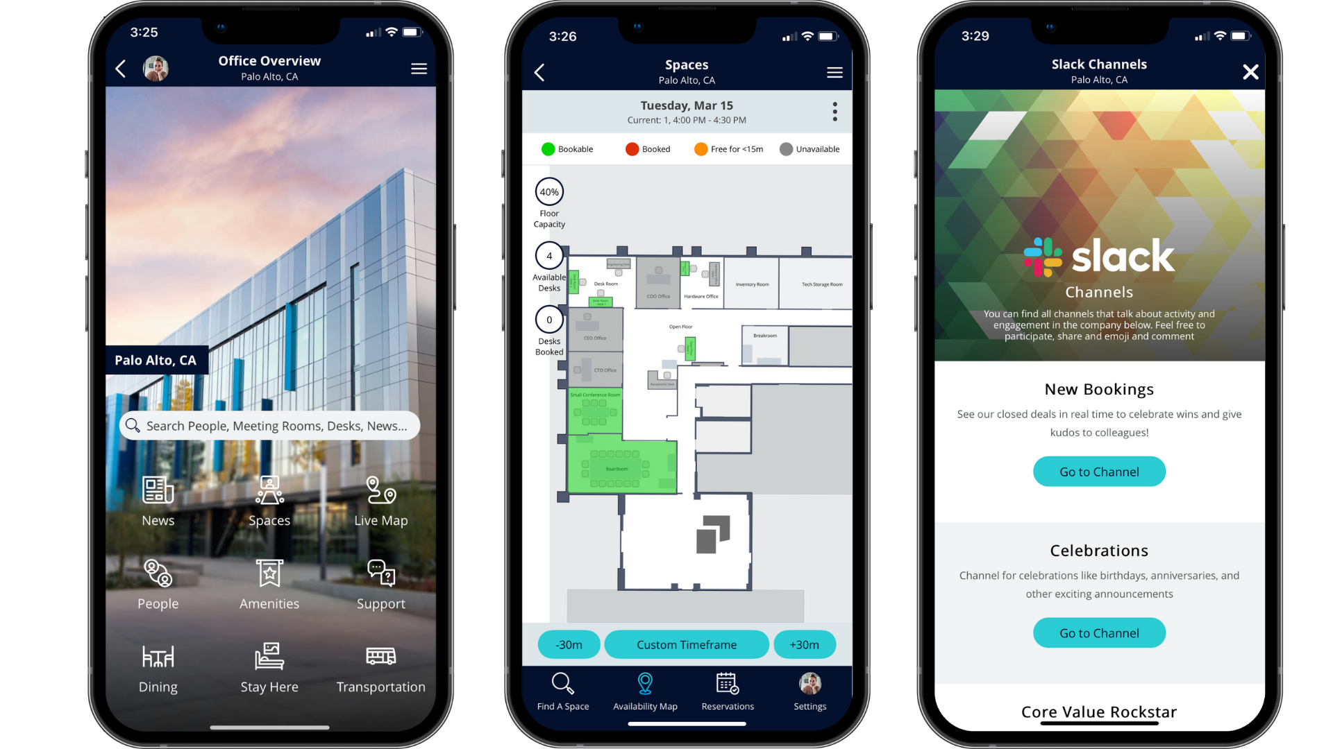 Inpixon workplace experience app screens show campus info, occupancy reporting on a live map, and integrated slack app for employee communication.