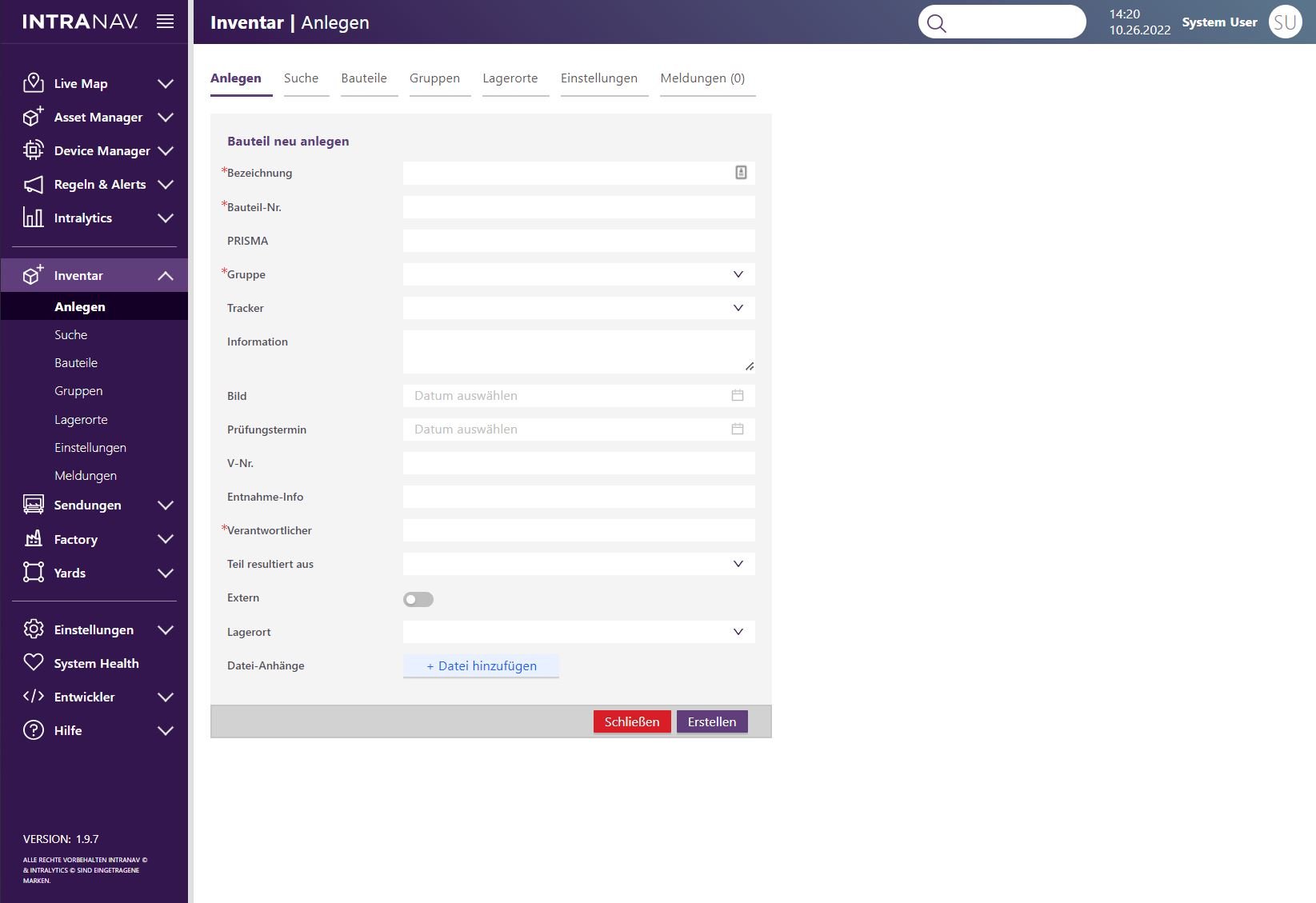 Der INTRANAV.IO Inventory Manager Dashboard-Eingabebildschirm ermöglicht es dem Benutzer, dem System Inventarobjekte hinzuzufügen.