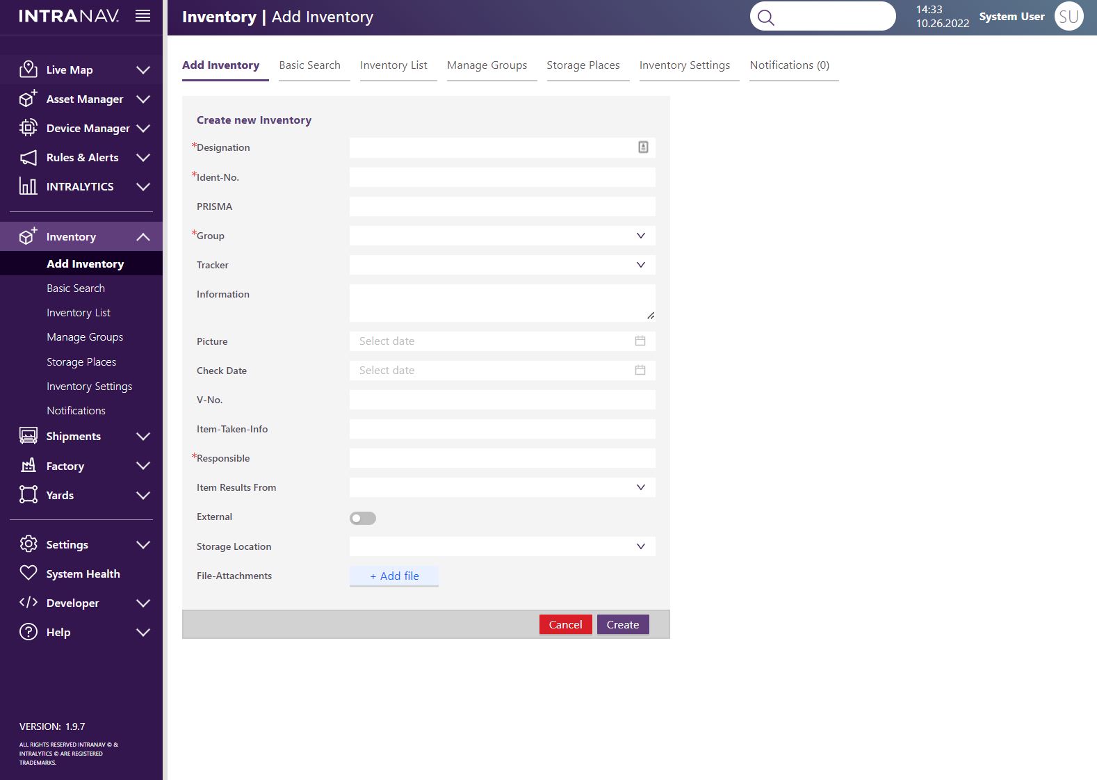 INTRANAV.IO Inventory Manager dashboard input screen allows the user to add inventory objects to the system. 
