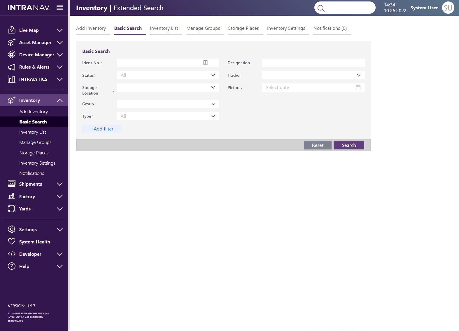 The search function in INTRANAV.IO Inventory Manager allows the user to search for specific id numbers, inventory types, tracker, numbers, item group types, and more. 