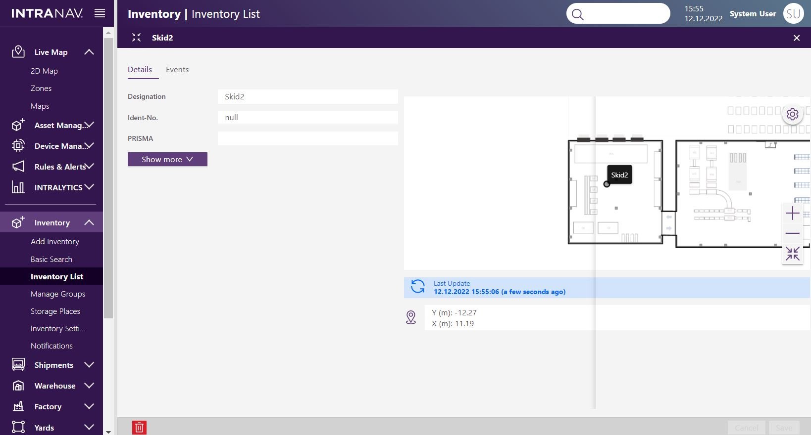 Inventory list detail page in INTRANAV.IO's Inventory Manager displays the object name and a map detailing its location. 