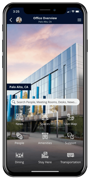 Campus information app screen from Inpixon's in-house workplace experience app, Inpixon Connect.