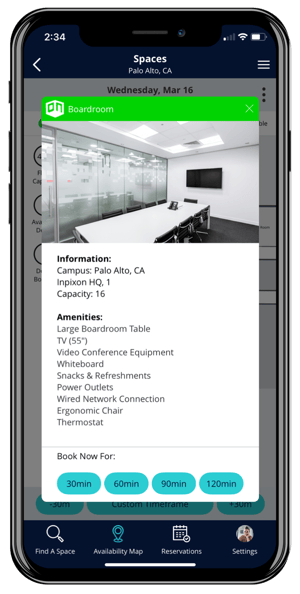 Workplace experience app room booking feature shows an available boardroom, location information and amenity attributes alongside the option to reserve the space.