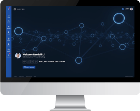 Inpixon Virtual Events showcased on an iMac screen with links to speakers, sessions, agendas, and more. 