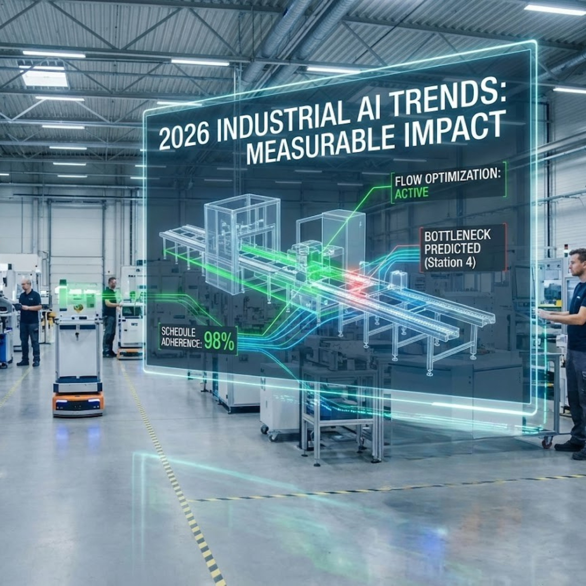 A digital overlay in a factory environment illustrating material flow and bottleneck status.